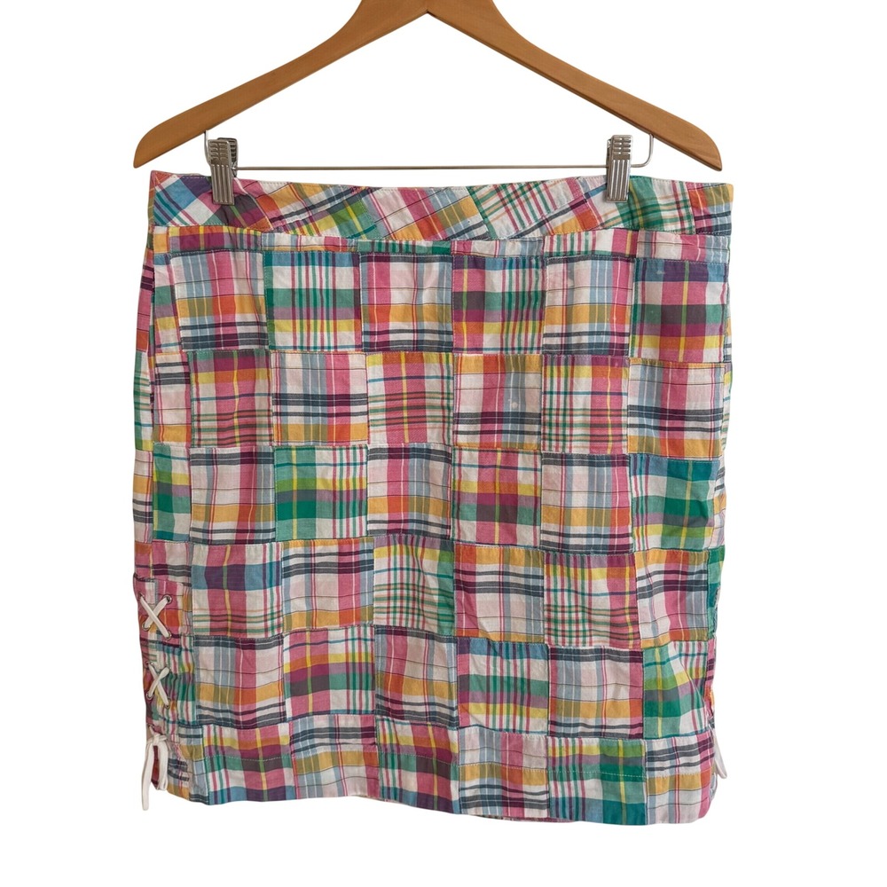 Talbots‎ Womens 14 Patchwork Plaid Madras Mini Skirt Multi Color Lace Up Cotton